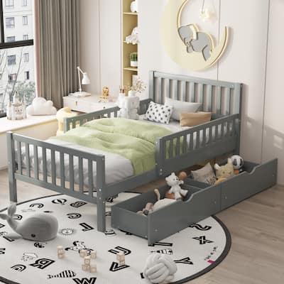 Twin  Size Wood Platform Bed with 2 Storage Drawers And Safety Guardrails