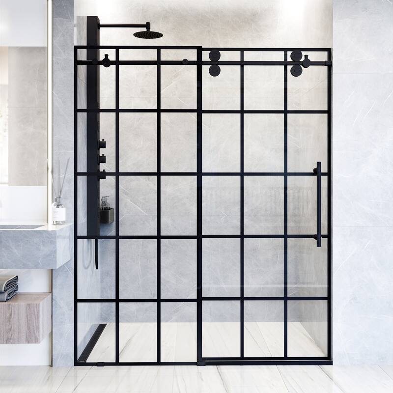 VIGO Elan Frameless Sliding Shower Door - 56" to 60" W x 74" H - Matte Black Grid