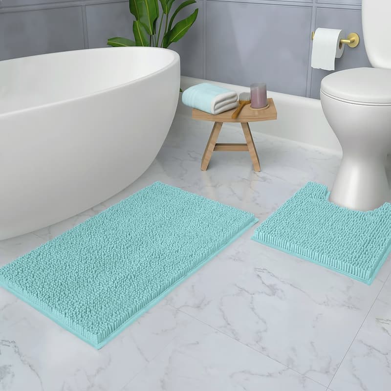 2 Piece Set Spa Blue Soft Cozy Plush Chenille Bath Mat Bathroom Rug - Spa Blue - 30"x20"R+20"x20"U