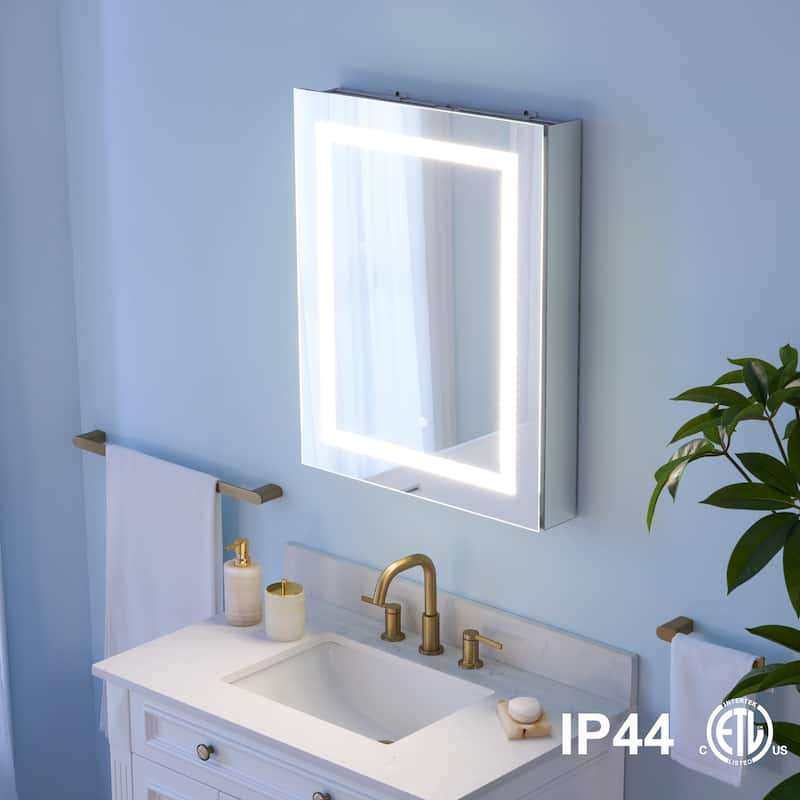 30" H Recessed or Surface LED Mirror Cabinet with Adjustable Glass Shelves,Defogger, Dimmer And Outlets & USB Ports