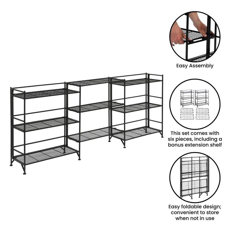 Xtra Storage 3 Tier Wide Folding Metal Shelves with Set of 3 Extension Shelves