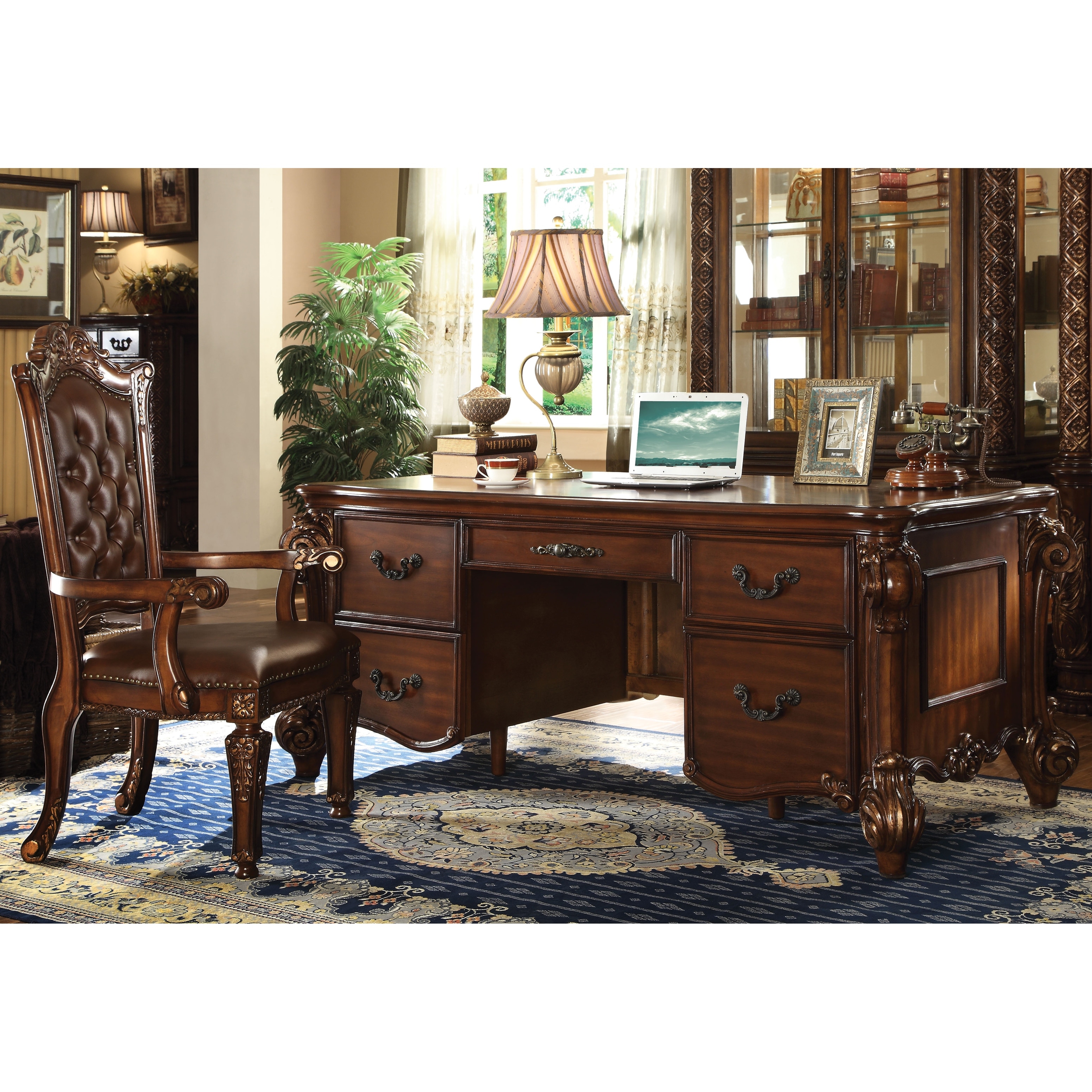ACME Vendome Computer Desk & Hutch, Cherry (1Set/2Ctn) - Bed Bath