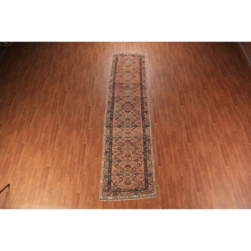 Geometric Hamedan Persian Runner Rug Orange Hand-Knotted Wool Carpet - 3'4"x 13'6"