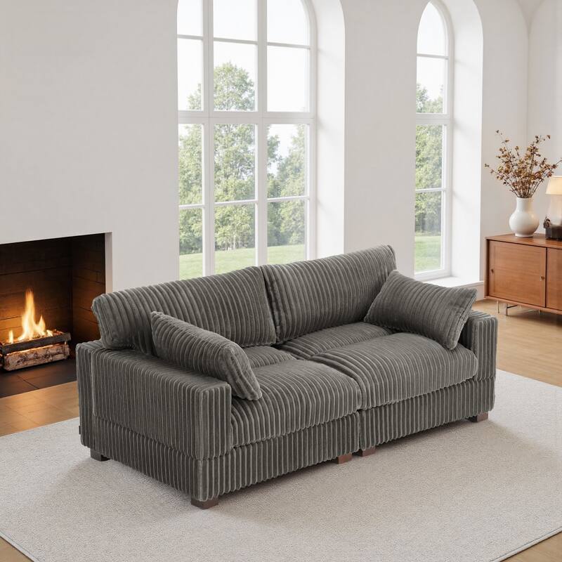Plush Corduroy Upholstered Modular Sectional Sofa with Pillows