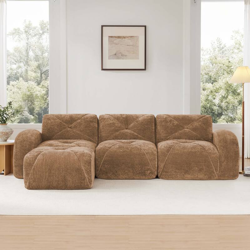 Rossetta 110'' 3-Seater L-Shaped Anti-Slip Design Retro Classic Color Velvet Tufted Modular Boneless Sofa with 1 Movable Ottoman - Camel