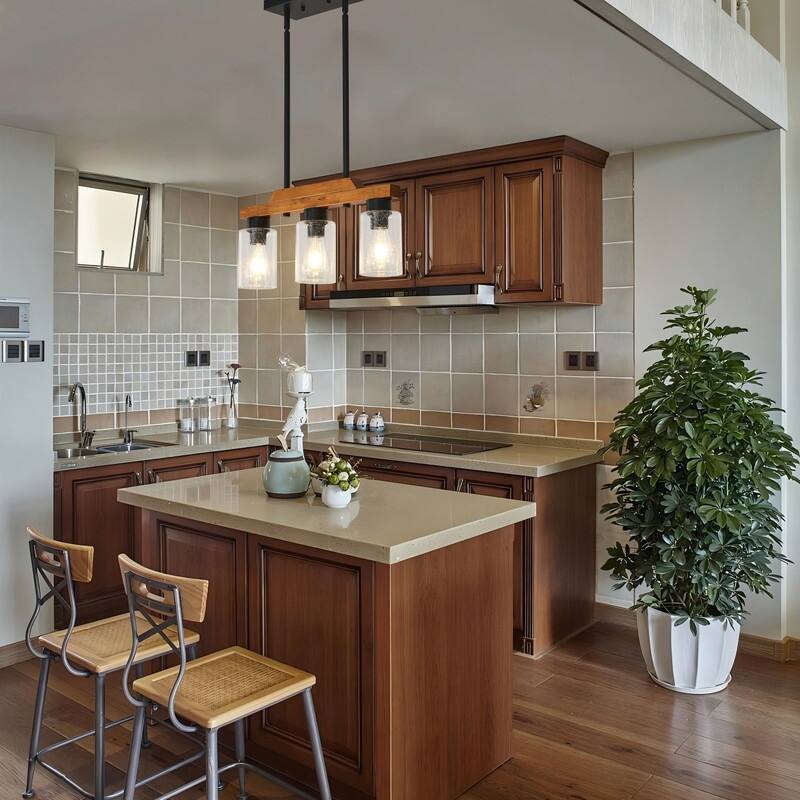 Farmhouse Chandelier for Dining Room Kitchen Island Rustic Wood Linear Pendant Light with Seed Glass Shade