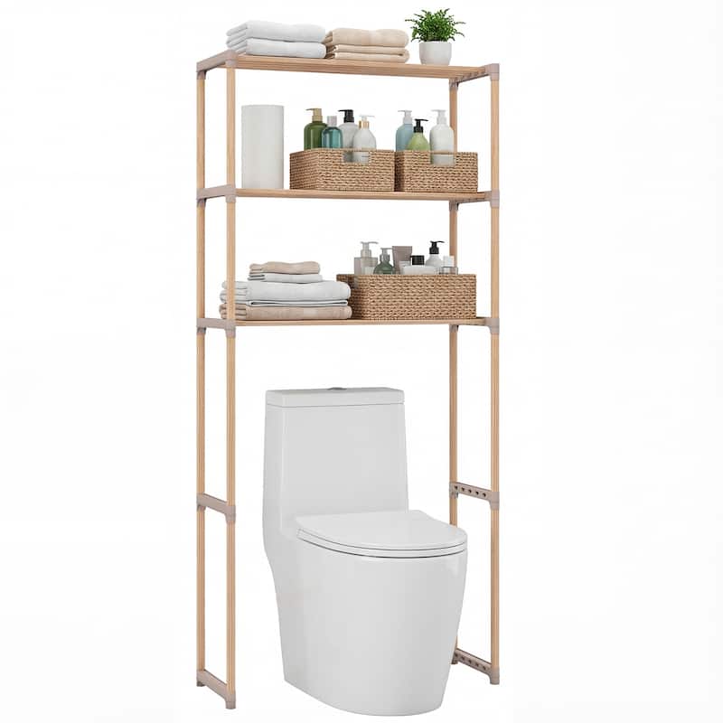 Gymax Over The Toilet Storage Rack 3-Tier Pine Wood Bathroom Organizer - Grey - Wood Finish