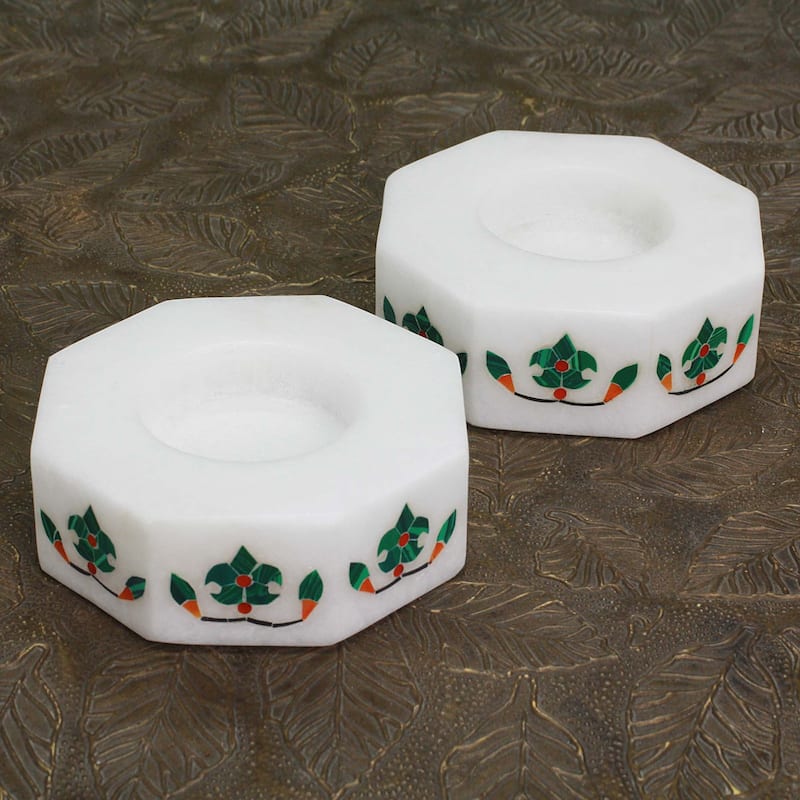 Novica Handmade Floral Alliance In Green Marble Tealight Holders (Pair)