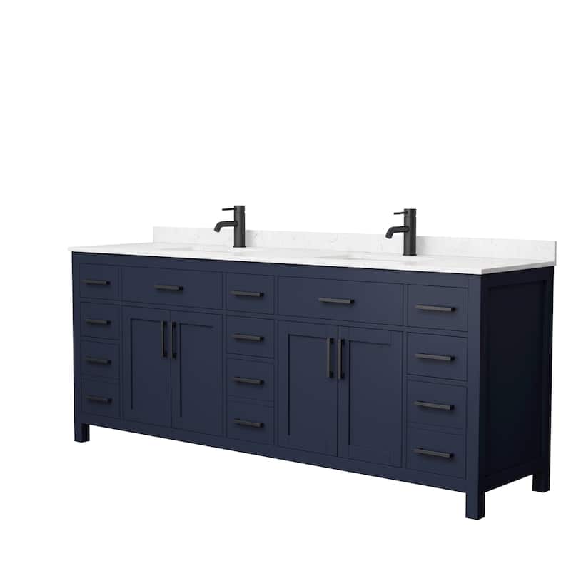 Beckett 84 Inch Double Vanity, Cultured Marble Top - Dark Blue, Black Trim, Carrara Cultured Marble Top