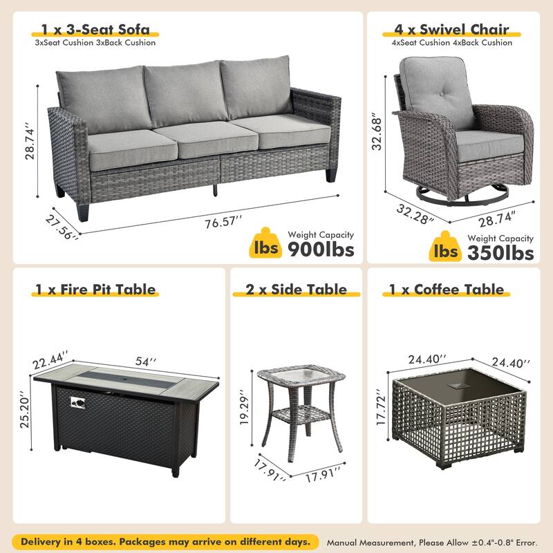 OVIOS 9 Piece Outdoor Wicker Sofa Swivel Chair Set with 54" Fire Table