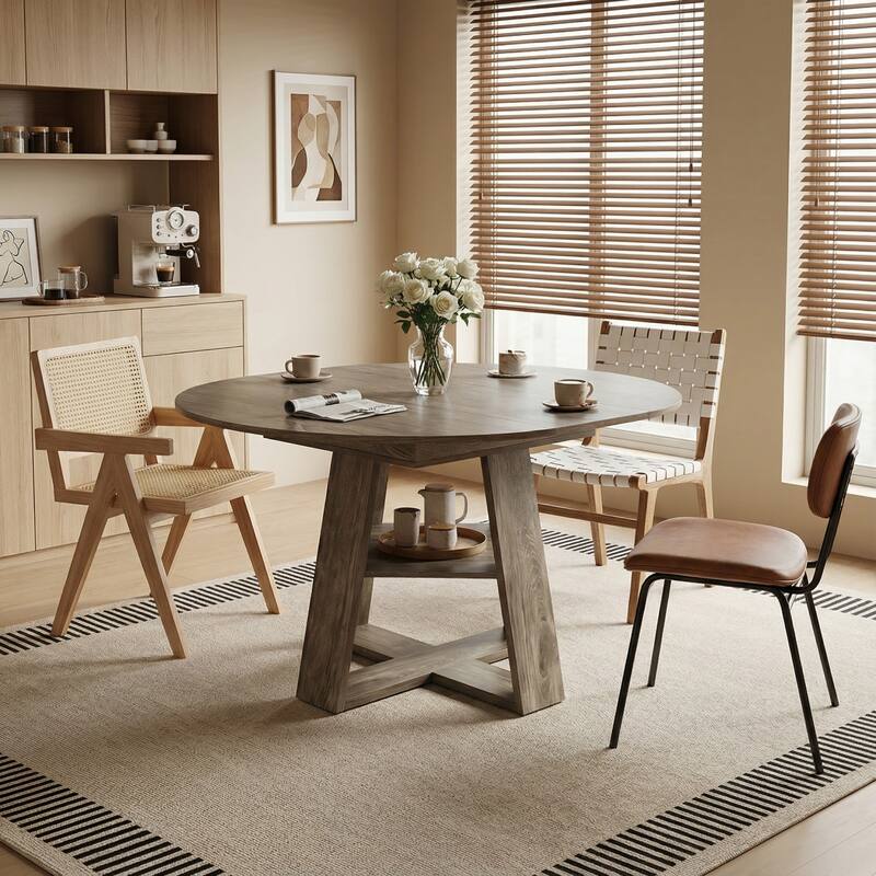 43.3"-59" Extendable Round Dining Table with Storage Shelf - Natural