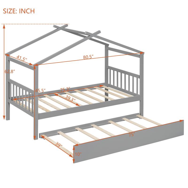 Solid Wood House Platform Bed Frame with Trundle Bed and Roof