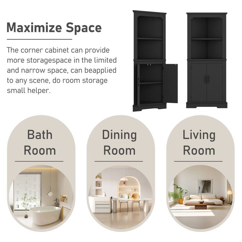 Corner Accent Cabinet with Barn Door & Open Shelves, Freestanding Corner Storage Cabinet