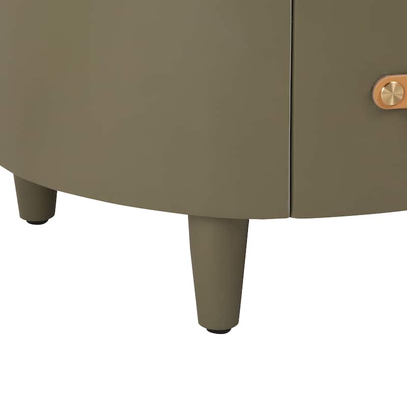 Round Nightstand with Drawer & Open Shelf, Nightstand with Leather Handle & Tapered Legs, Large Capacity Sofa Side Table