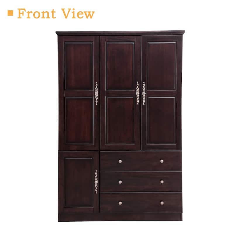 100% Solid Wood Black Walnut Armoire Wardrobe Closet with Drawer and Hanging Rod, Farmhouse Style Wardrobe Closet with 3 Door