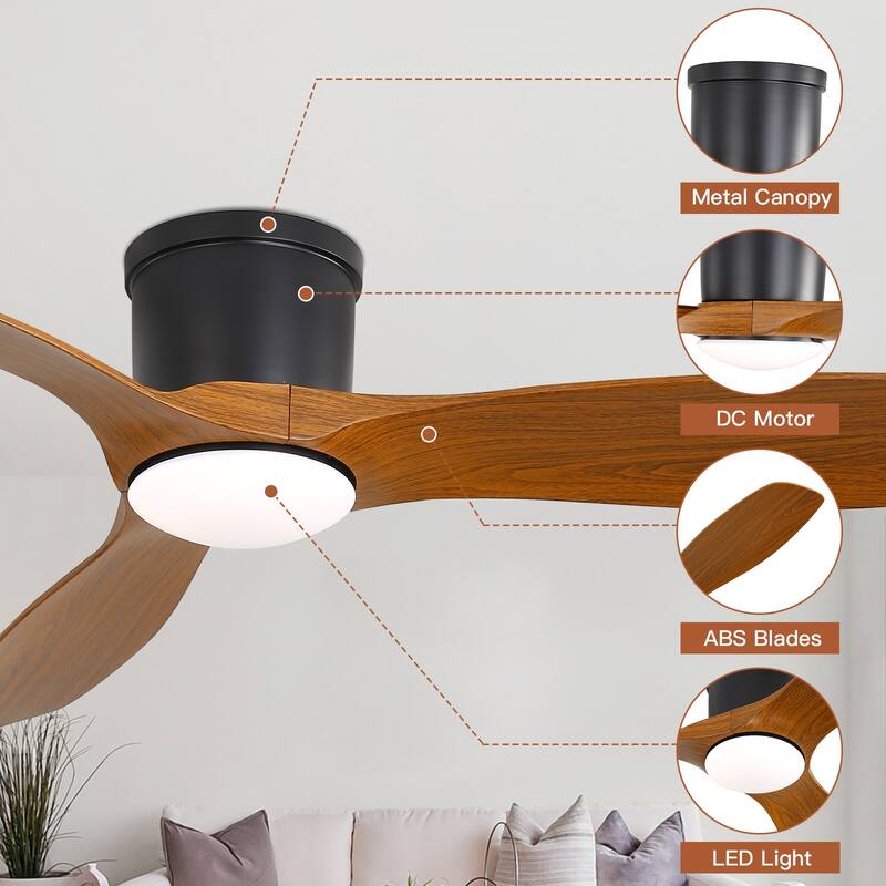 Sofucor 52 Inch Low Profile Flush Mount Ceiling Fan With Light and Remote,3-ABS Blades Smart Optional,Reversible DC Motor