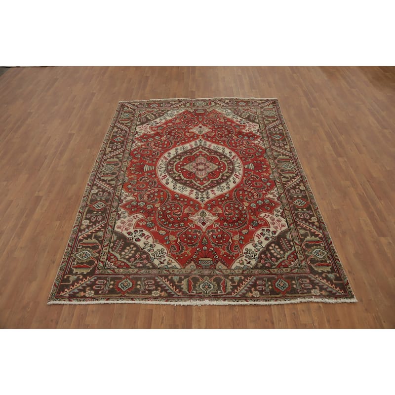 Hand Knotted Oriental 100% Wool Carpet Traditional Floral Red Tabriz Area Rug - 9' 0'' X 6' 7''