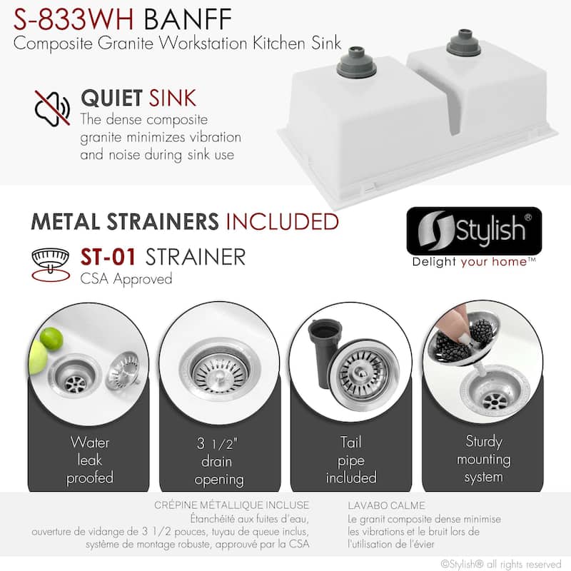 STYLISH Dual Mount 33" Double-Bowl Composite Granite Kitchen Sink - 33" x 18" x 9.5"