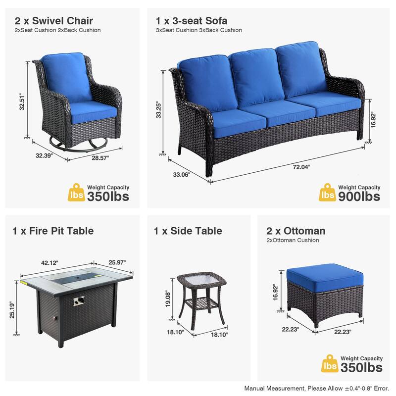 OVIOS 7-piece Patio Swivel Chair Set with 42" Fire Table