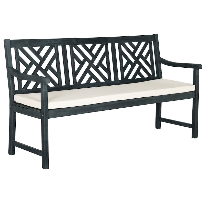 SAFAVIEH Outdoor Genara Solid Wood 3-Seat Bench with Cushion - 23Wx61Dx35H