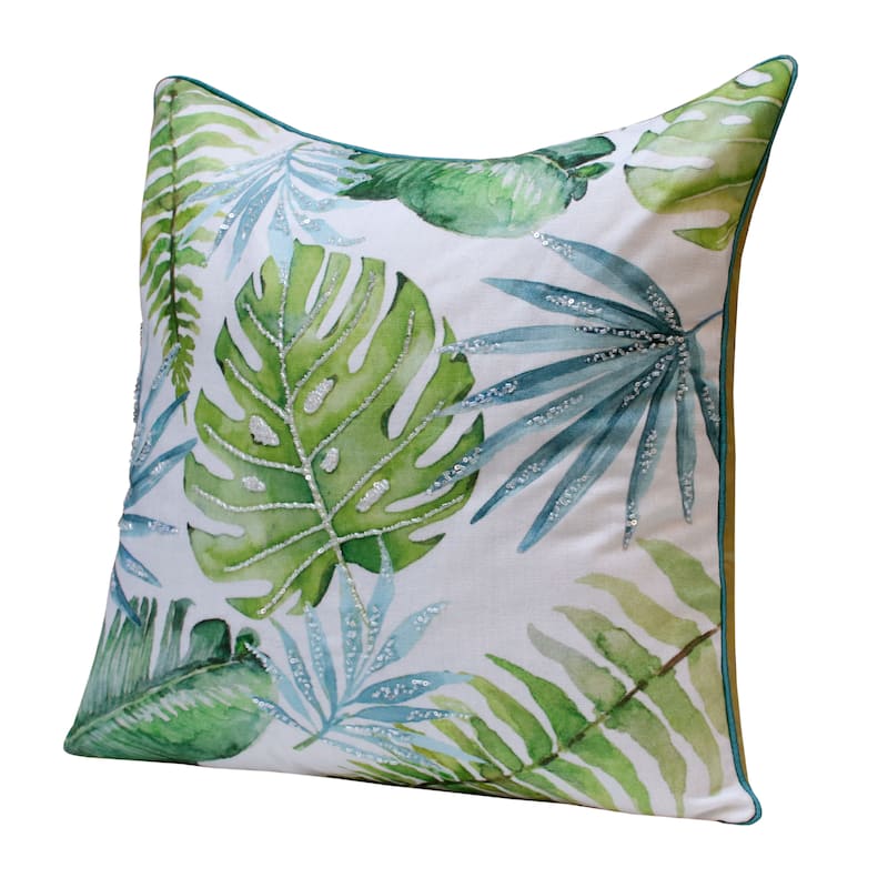 Sevita Hand-Woven Green/Blue Tropical Leaves Polyester Throw Pillow, 20" x 20"