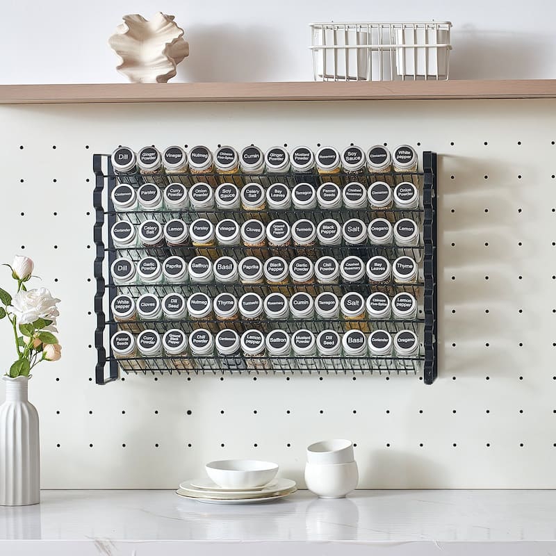 Black Steel Spice Rack with Glass Jars and Wall Mount Option