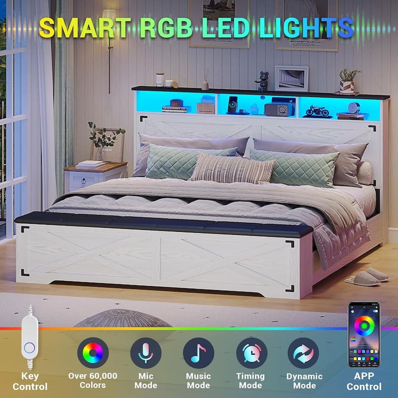 Bed Frame with Storage Ottoman Charging Station and Led Light