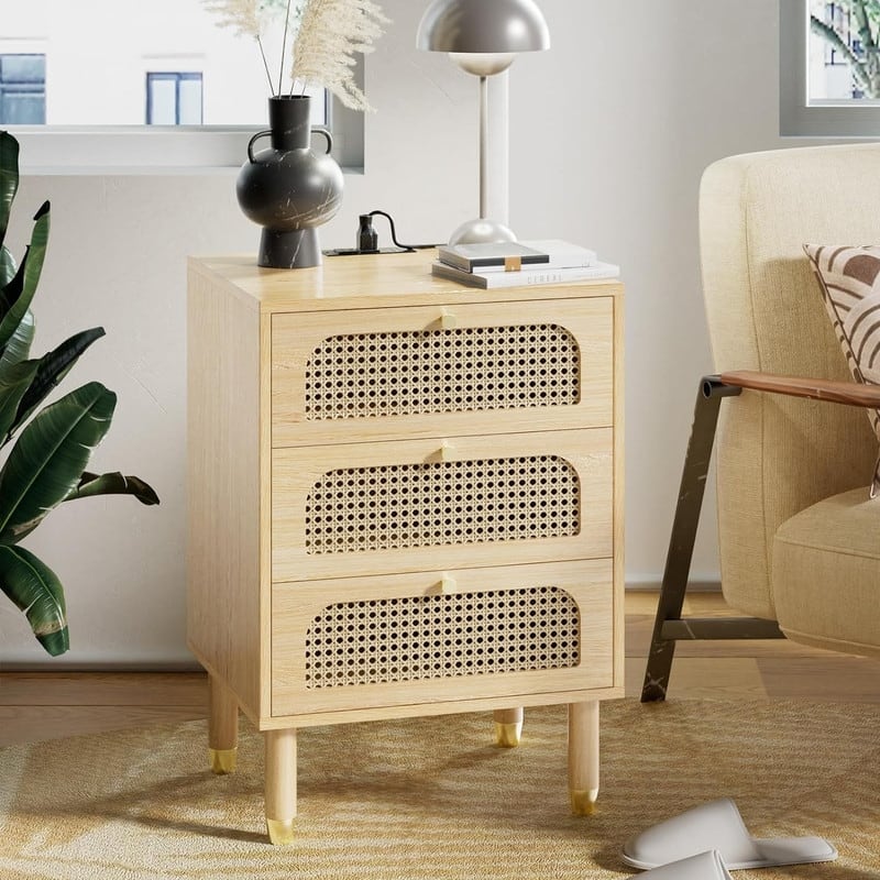Rattan Nightstand with 3 Drawers - Natural Maple