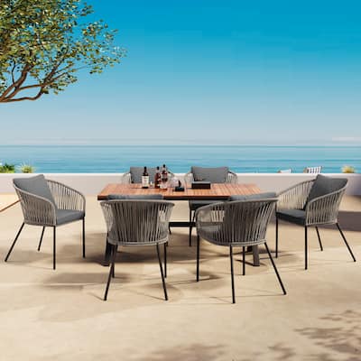 7 Pieces Patio Dining Set, Outdoor Furniture Set with Dining Table and 6 Chairs, Acacia Wood Table Top, Metal Frame