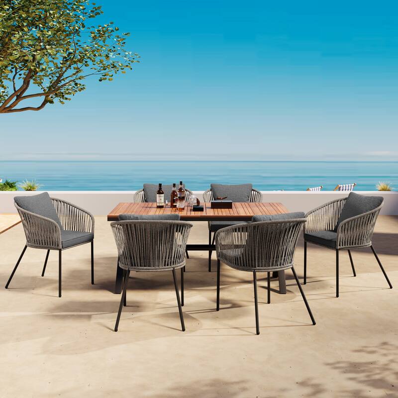 7 Pieces Patio Dining Set All-Weather Outdoor Furniture Set with Wood Tabletop and Adjustable Feet