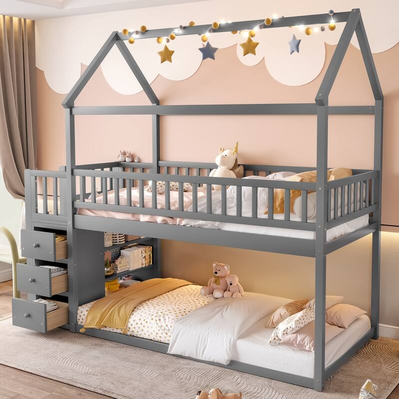 Grey Twin/Twin House Bunk Bed with Shelves, Drawers, and Roof Design