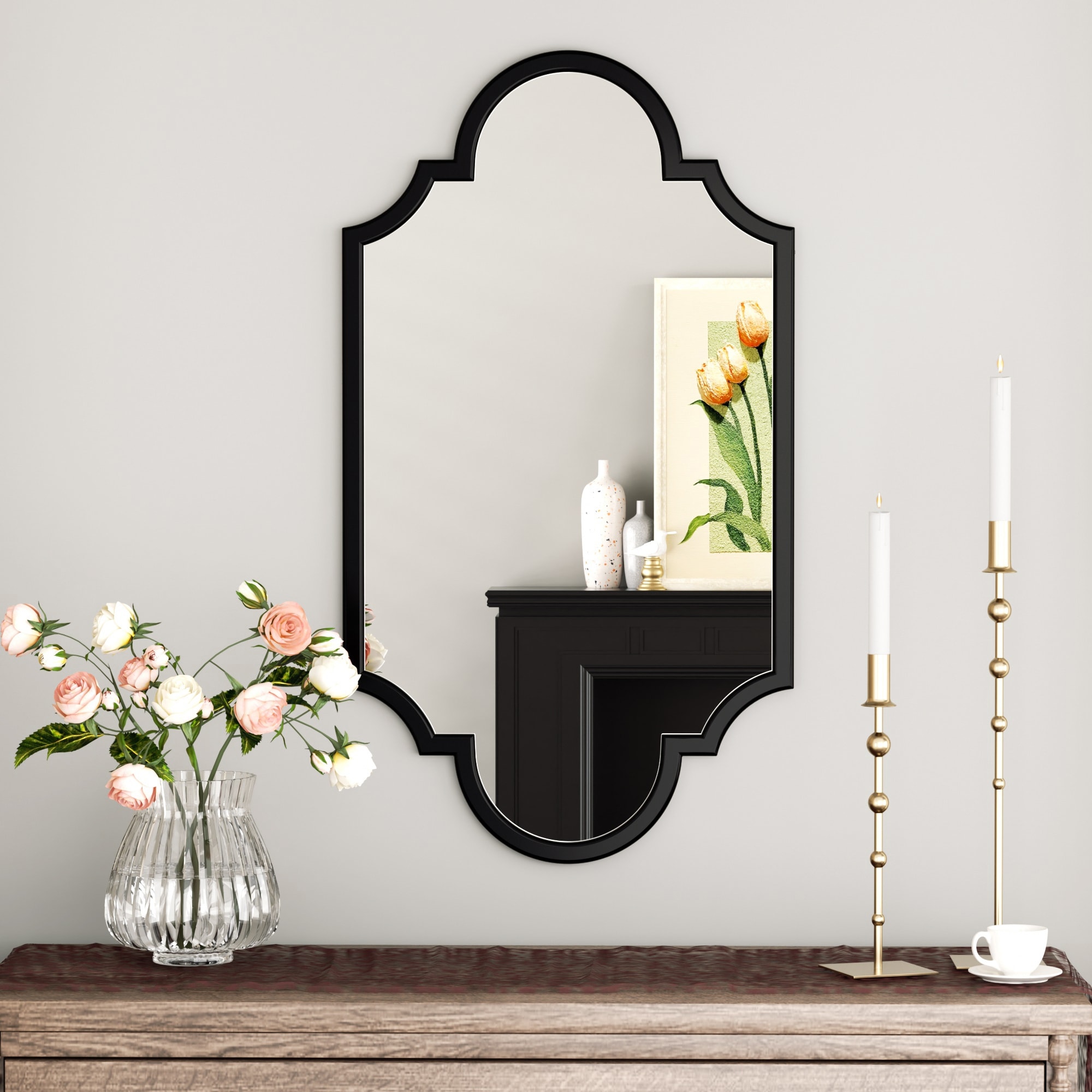 Black Scalloped Notched Corner Wood Accent Mirror