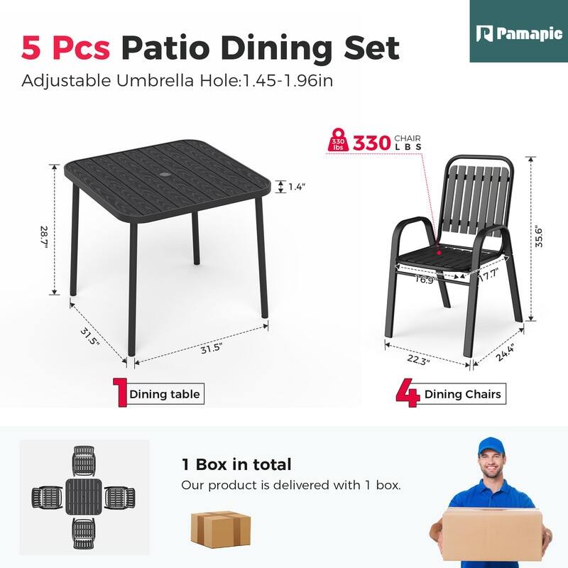 4-Person Patio Dining Set, Stackable Chairs and Square Steel Table with Umbrella Hole