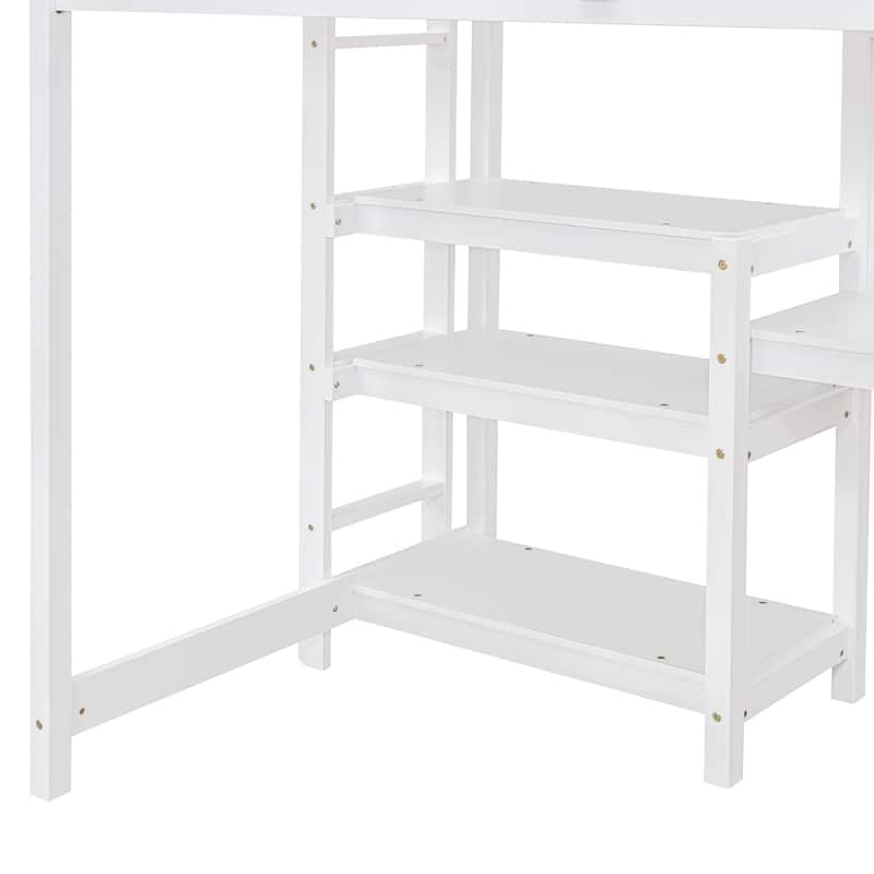 Twin Size Wooden Loft Bed with Shelves, Desk and Writing Board - Gray