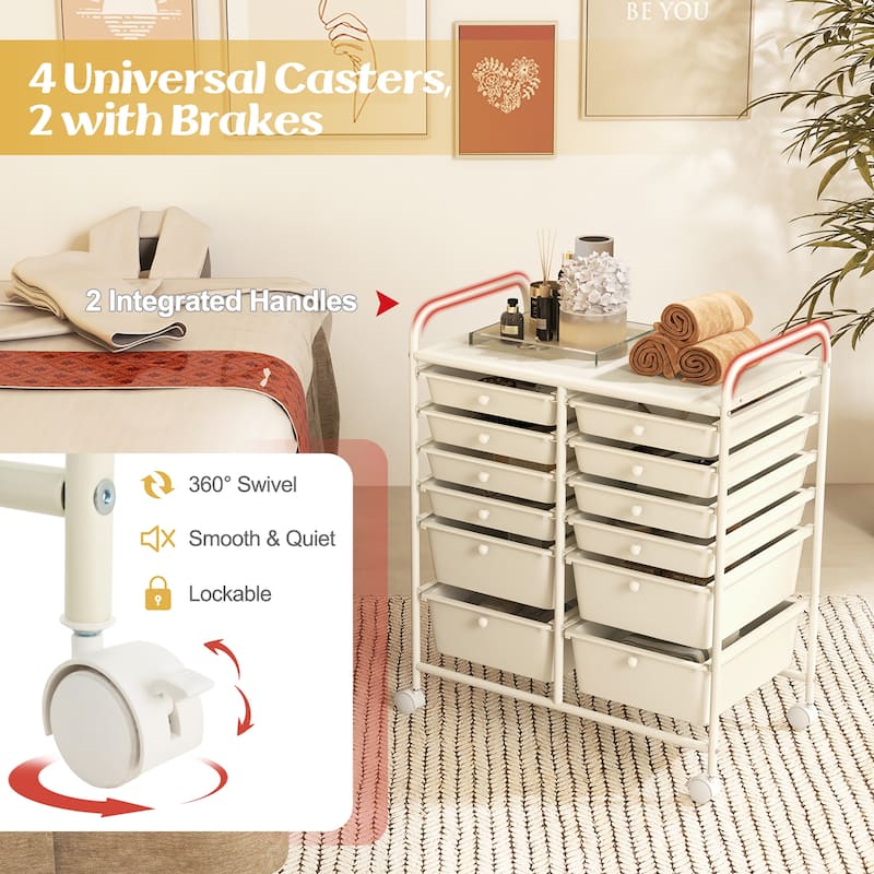 Gymax 12-Drawer Rolling Storage Cart w/ 2 Sizes Plastic Drawers White