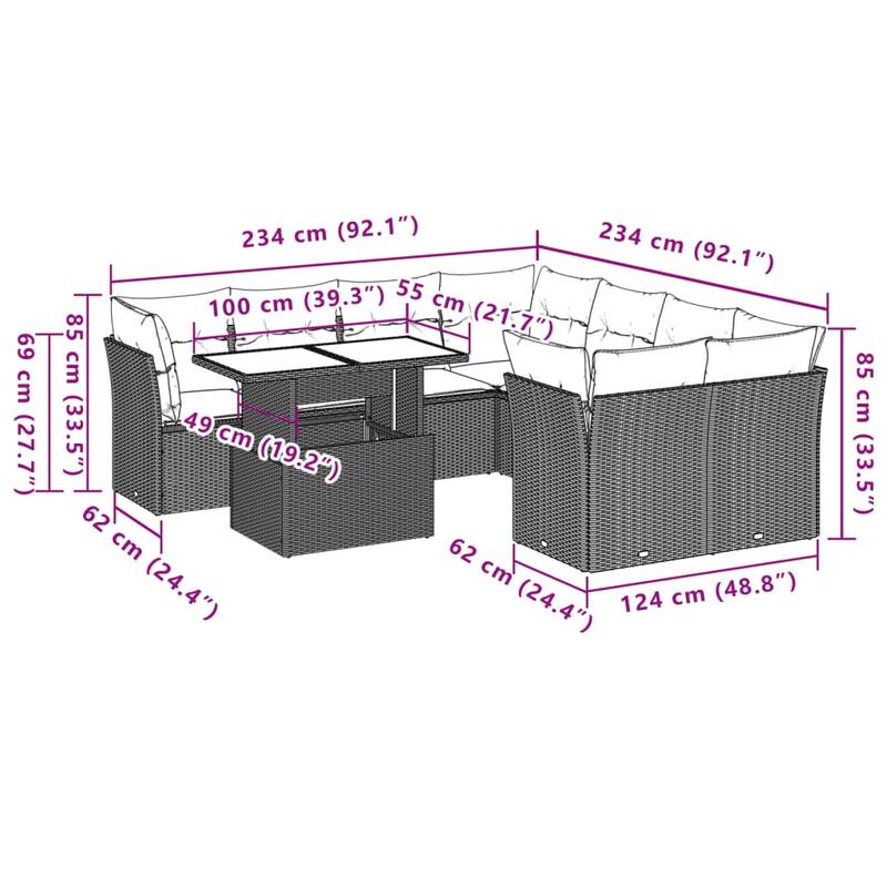 vidaXL Patio Sofa Set with Cushions Outdoor Furniture 9 Piece Poly Rattan - 21.7 x 39.4 x 28.7 in