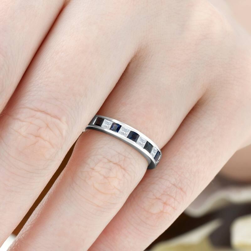 1 Ct Princess Cut Blue Sapphire & Diamond Ladies Wedding Ring 14k White Gold