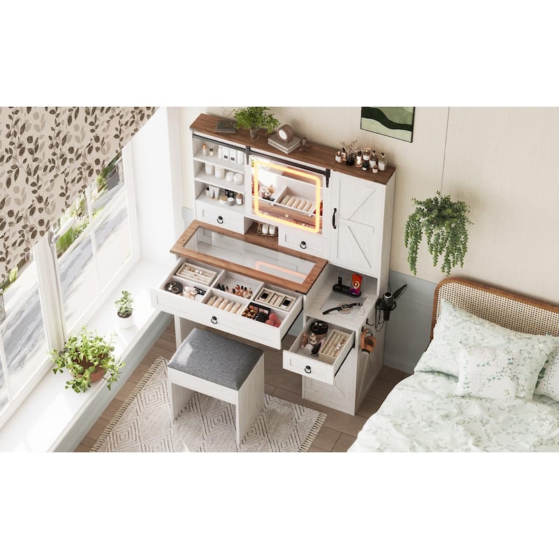 Rossetta Rustic Farmhouse Style Barn-Door look Design Vanity Desk Set with Sliding LED Lights Mirror and Matching Stool