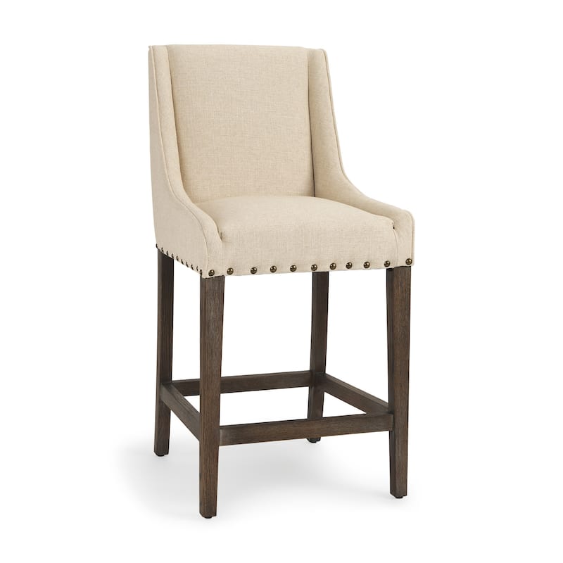 HomeRoots 28" Cream and Brown Fabric and Solid Wood Counter Height Bar Chair