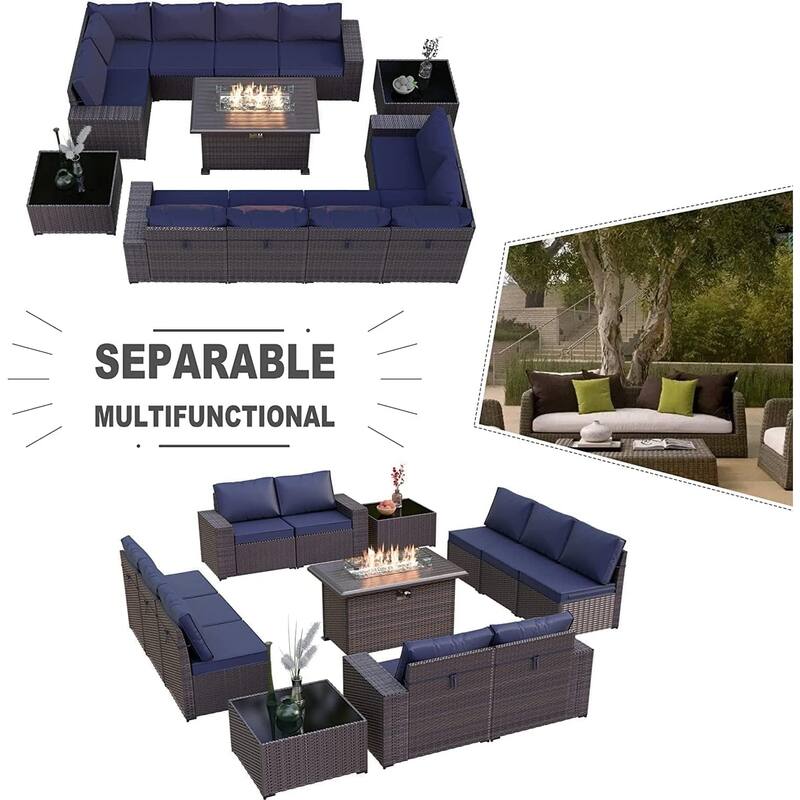 Delnavik 13 Pieces Outdoor Patio Furniture Set with Fire Pit Table w/ Wide Armrests