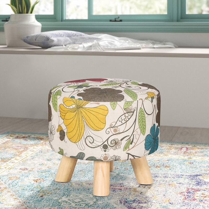 Asense Round Ottoman Foot Rest Stool Linen Fabric Padded (Set of 4) - Flowers