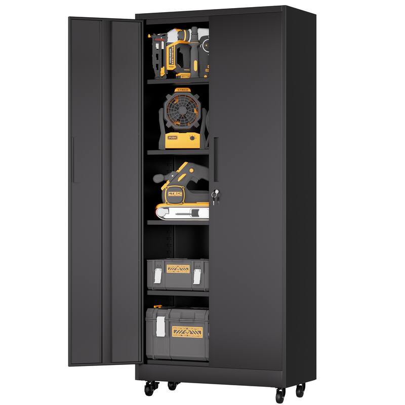 71"H Metal Garage Storage Cabinet with Wheels and Lock, 4 Adjustable Shelves (180lb Each), 3-Point Locking Security