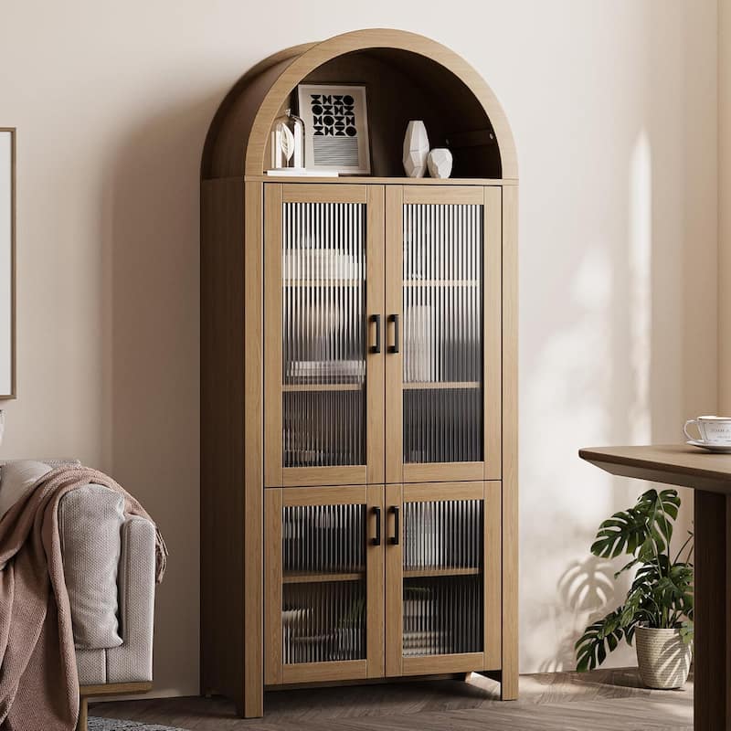 71" Tall Arched Cabinet with Glass Doors, Modern Farmhouse Arched Bookcase Storage with Shelves, Pantry Cabinet