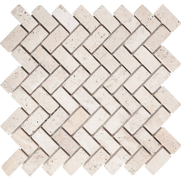 Ivory Travertine 1" x 2" Herringbone Tumbled Mosaic Tile - 5 Sheets (5.00 sf) - Tan