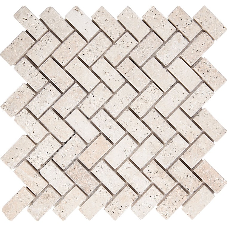 Ivory Travertine 1" x 2" Herringbone Tumbled Mosaic Tile