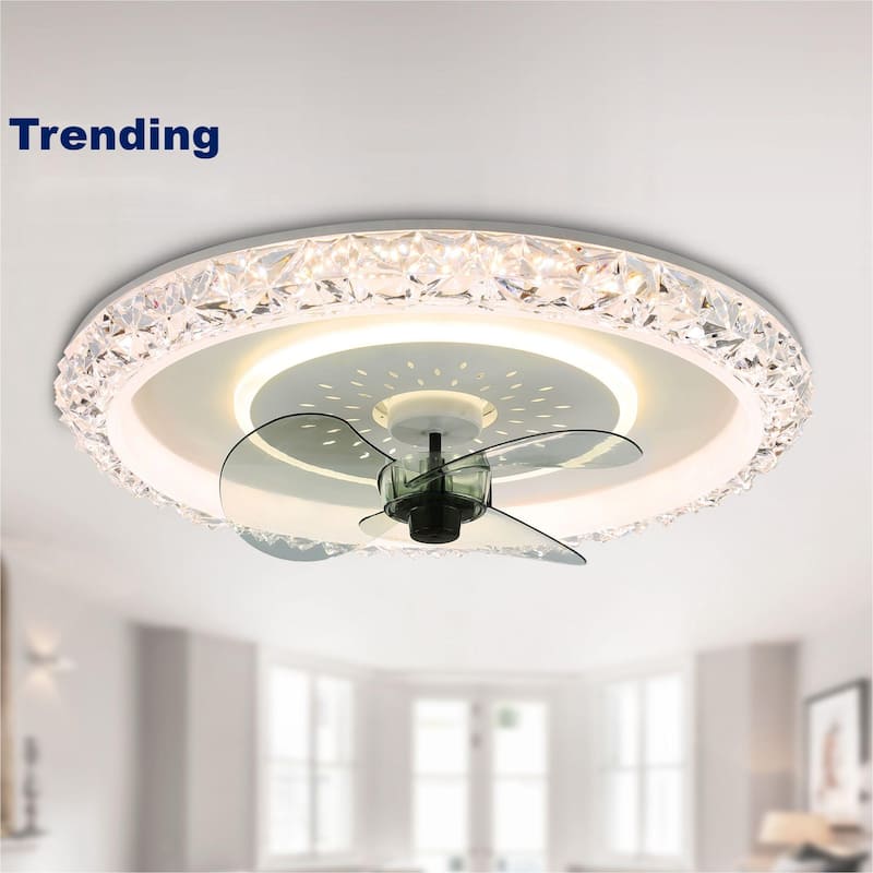 20" Oaks Aura Glam Crystal Low Profile Ceiling Fan with Light, 6- Speed Flush Mount Ceiling Fan With Remote - White - White - Remote