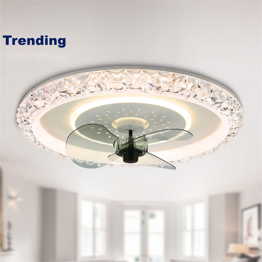 20" Oaks Aura Glam Crystal Low Profile Ceiling Fan with Light, 6- Speed Flush Mount Ceiling Fan With Remote - White
