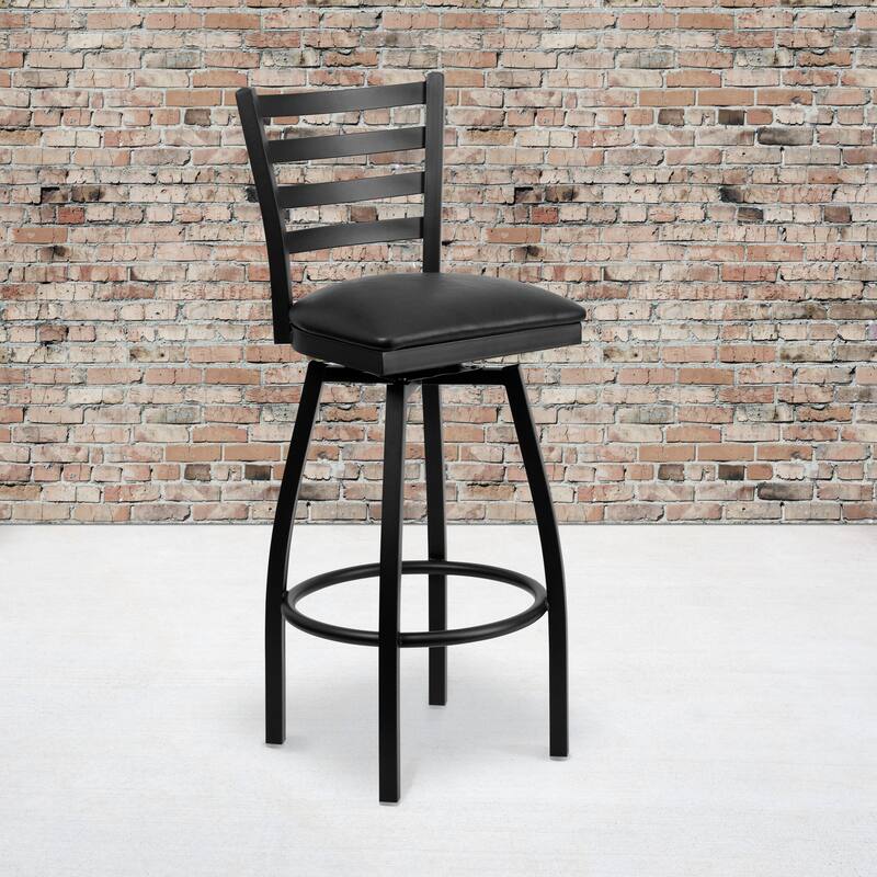 2 Pack Hercules Series Ladder Back Swivel Metal Barstool - 16.5"W x 20.5"D x 44.5"H - 16.5"W x 20.5"D x 44.5"H - Black Vinyl Seat/ Black Metal Frame