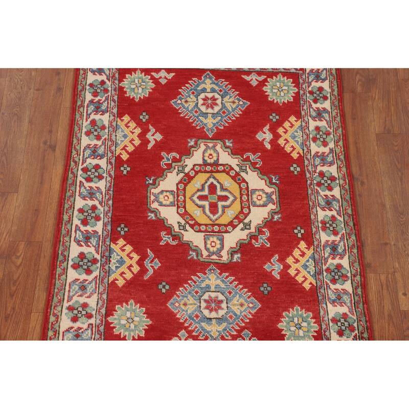Geometric Kazak Foyer Rug Hand-Knotted Traditional Wool Carpet - 2'8" x 3'11"
