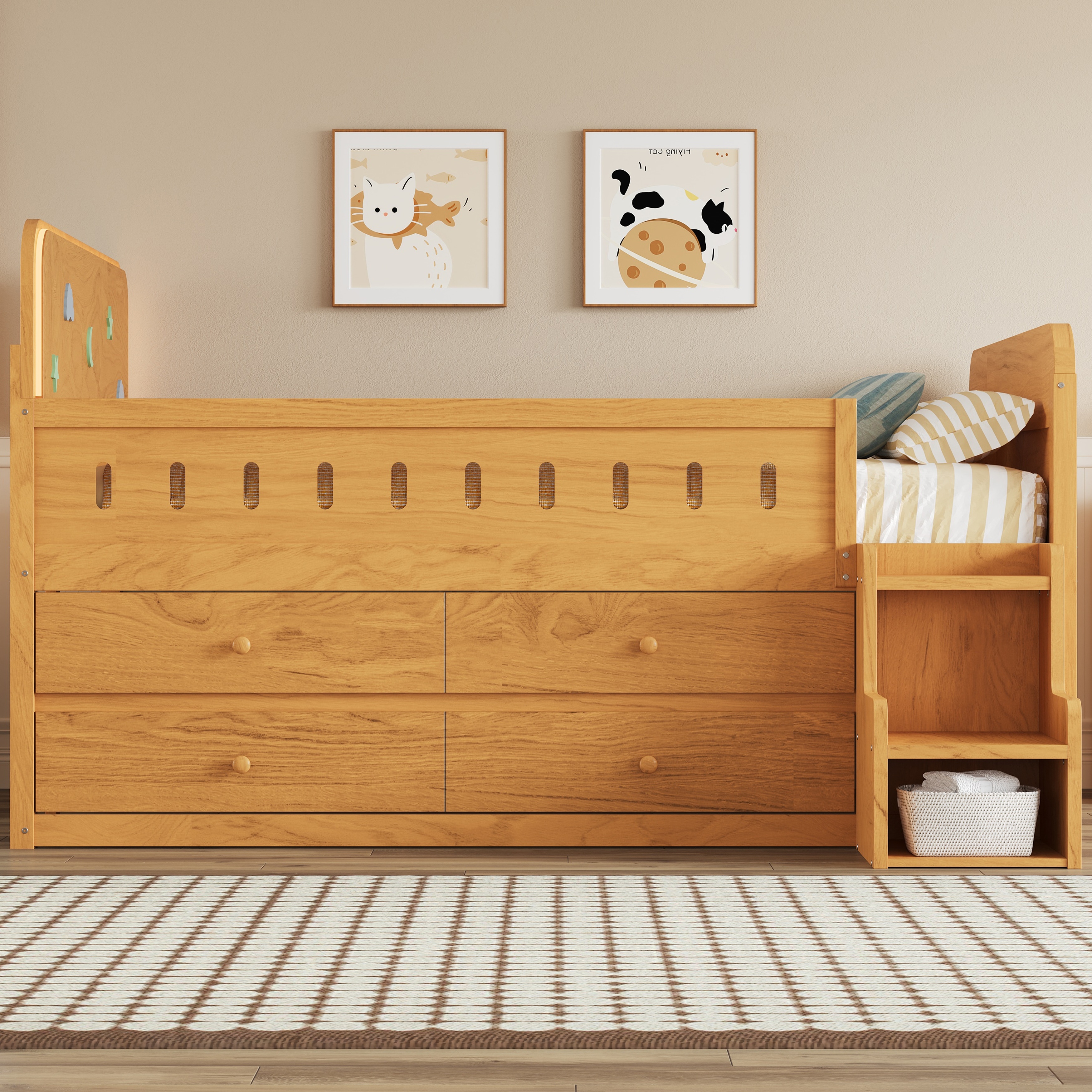Full Size Wood Bed Frame with LED Light & Storage Drawers